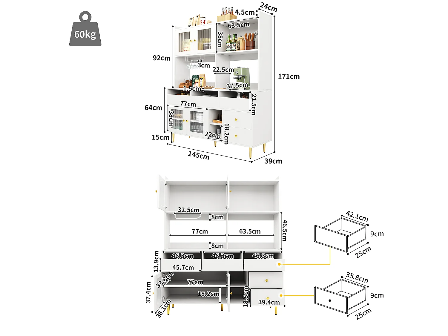 Buffet de cuisine avec 4 portes vitrées et 5 tiroirs, pieds dorés, blanc