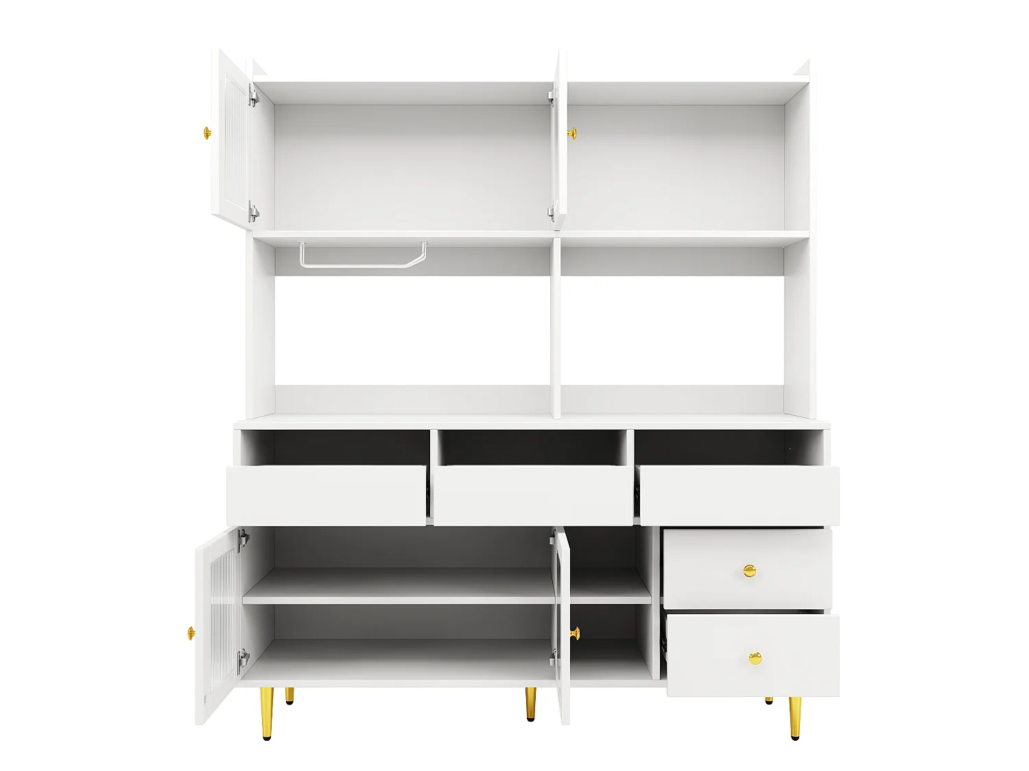 Buffet de cuisine avec 4 portes vitrées et 5 tiroirs, pieds dorés, blanc