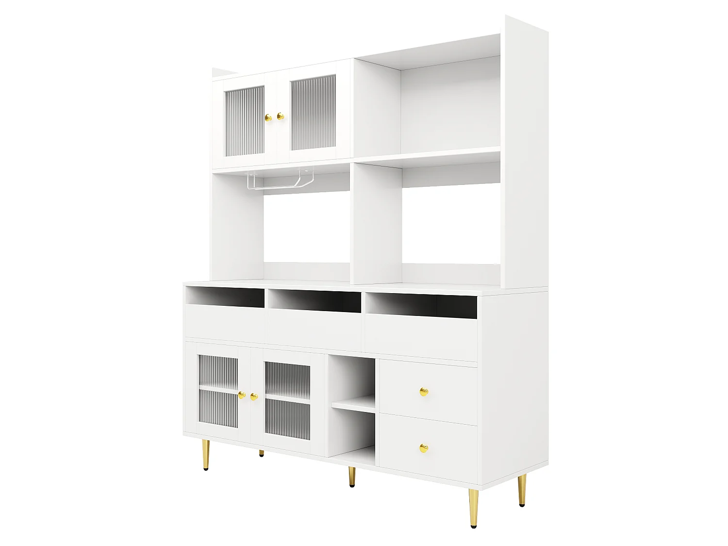 Buffet de cuisine avec 4 portes vitrées et 5 tiroirs, pieds dorés, blanc