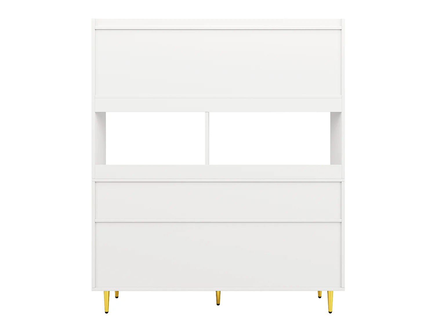 Buffet de cuisine avec 4 portes vitrées et 5 tiroirs, pieds dorés, blanc