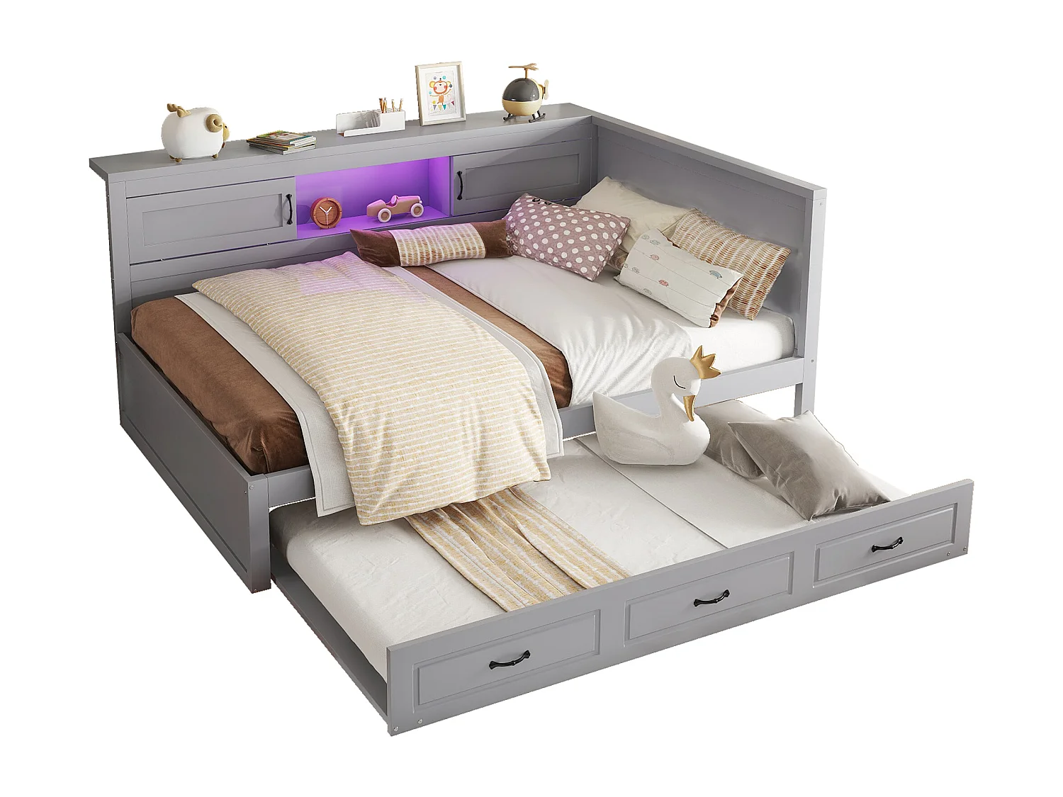 Daybed 140 x 200 cm met uitschuifbaar bed 90 x 190 cm - Met LED, USB en opbergruimte - Grijs