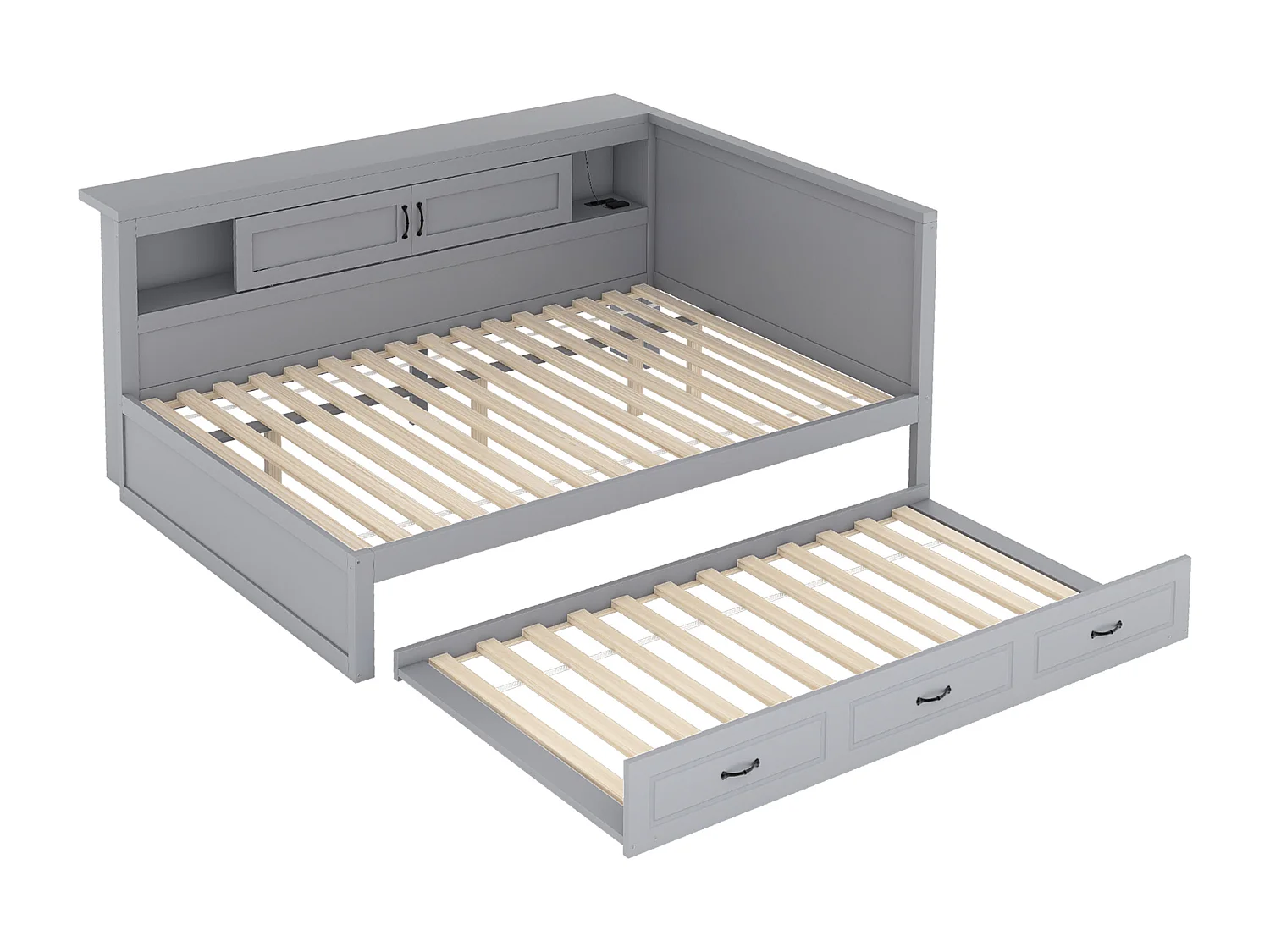 Lit banquette 140 x 200cm avec lit gigogne 90 x 190cm - Avec LED, USB et rangement - Gris