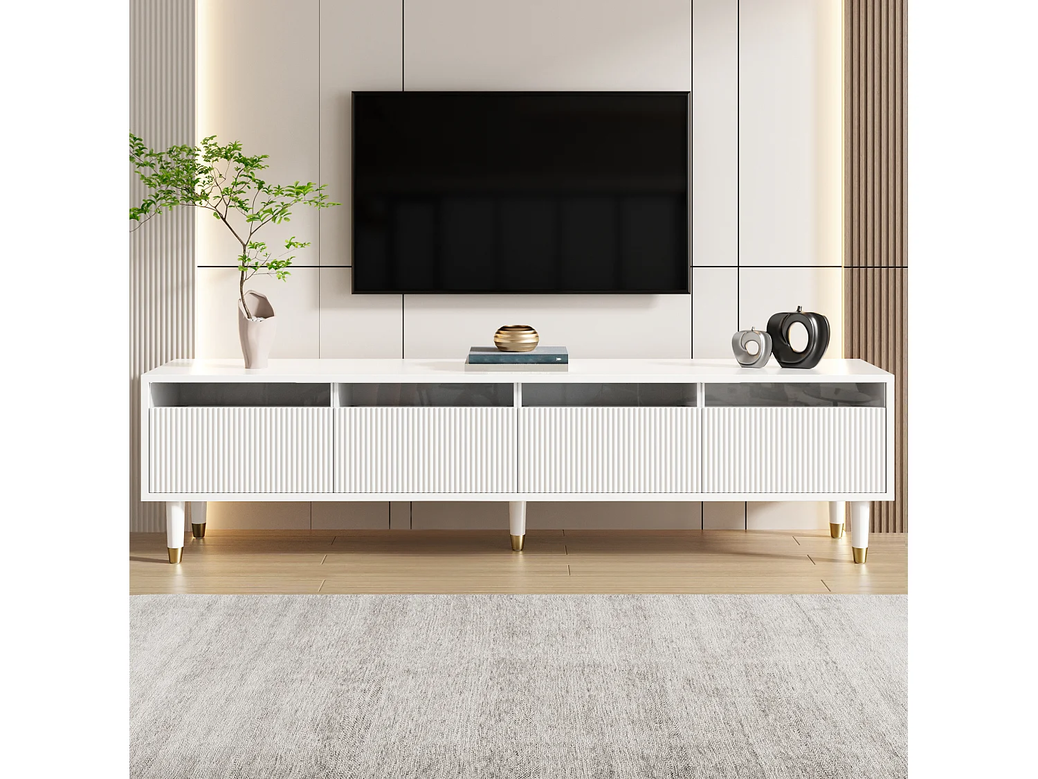 Meuble TV avec 4 tiroir , MDF et acrylique, blanc