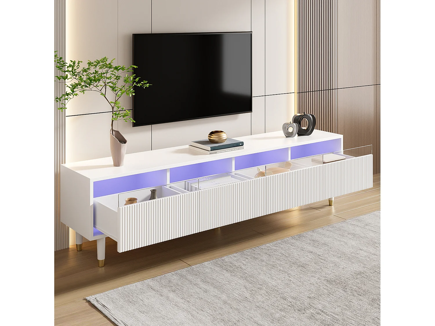 Meuble TV avec 4 tiroir , MDF et acrylique, blanc