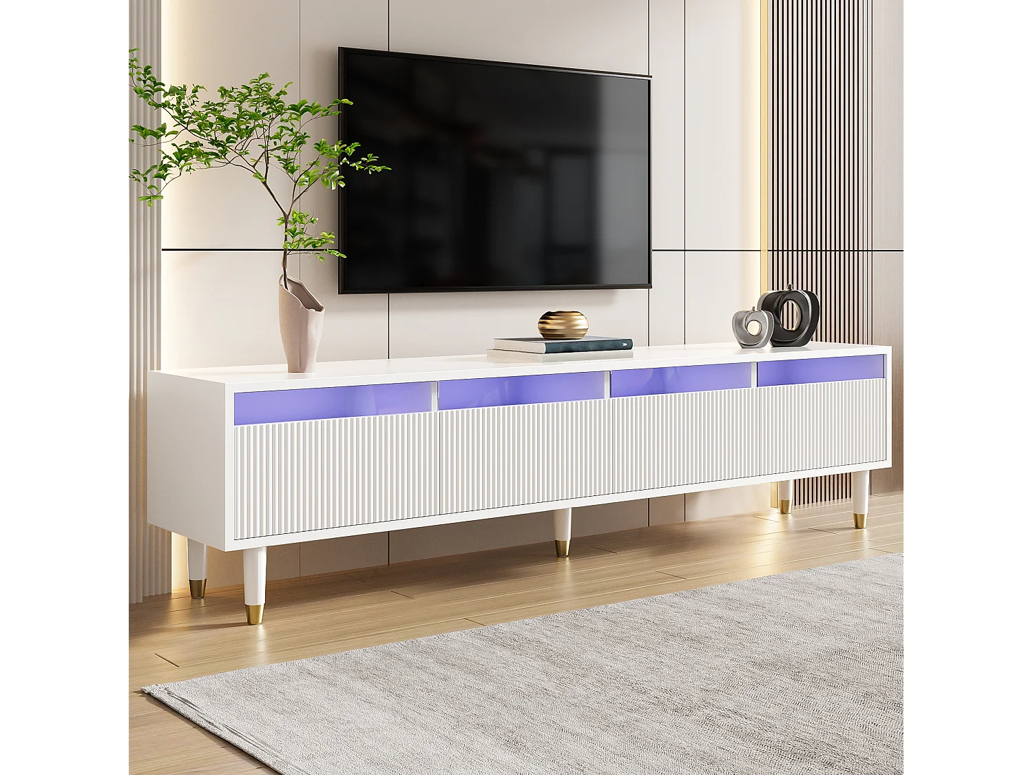 Meuble TV avec 4 tiroir , MDF et acrylique, blanc