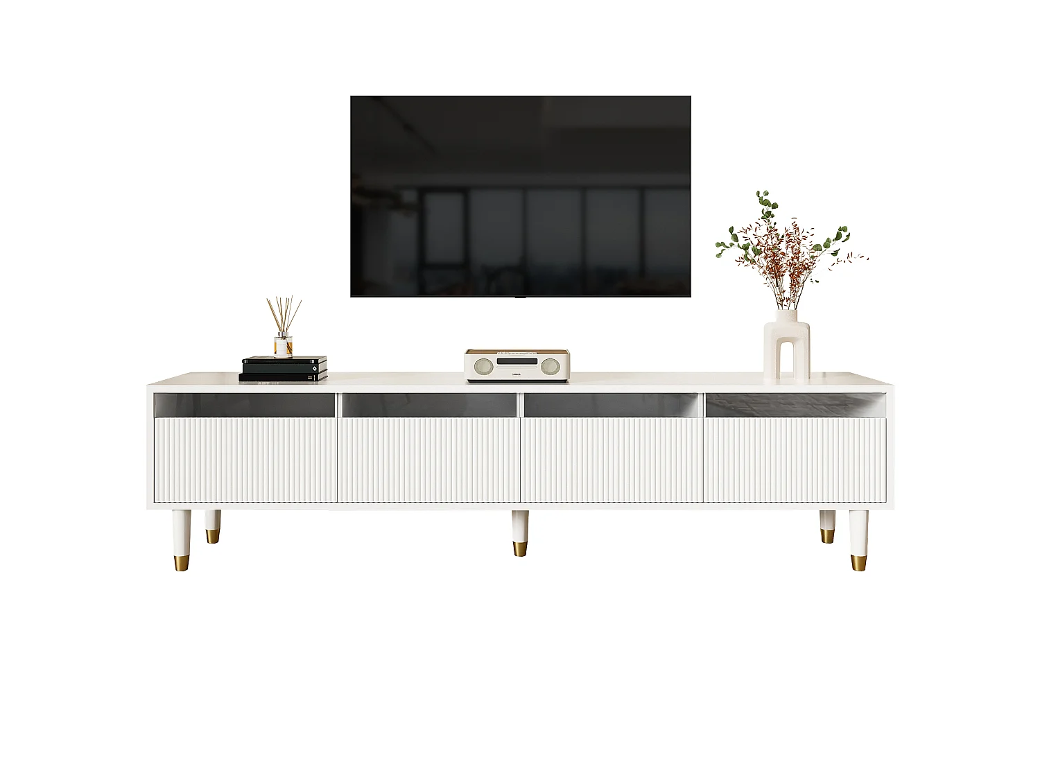 Meuble TV avec 4 tiroir , MDF et acrylique, blanc