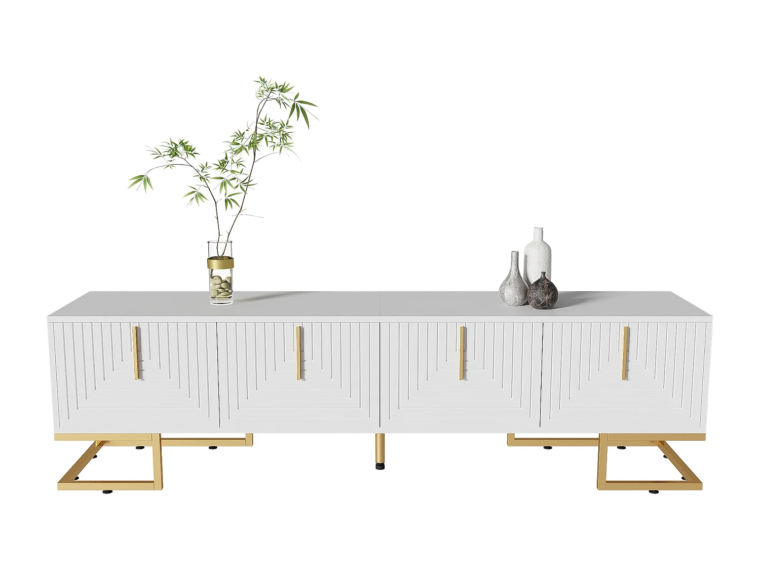 Mobile TV con 4 ante, gambe dorate - Anta testurizzata - Bianco