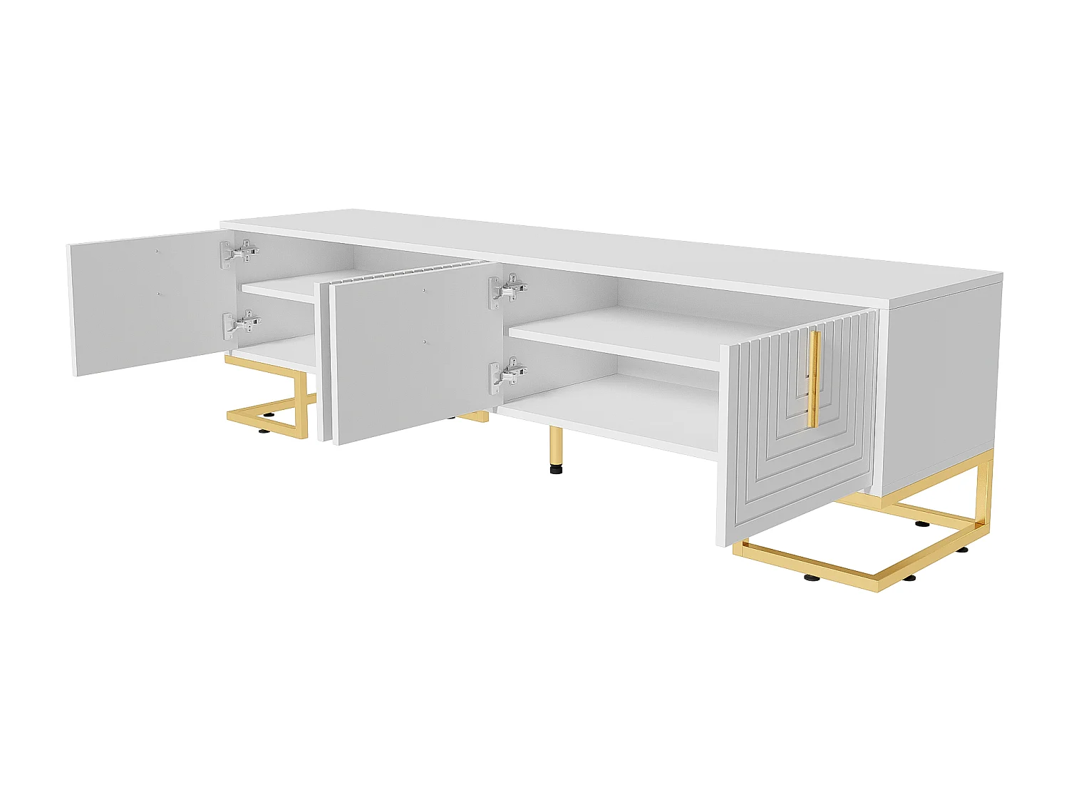 Meuble TV avec 4 portes, pieds dorés - Porte texturée - Blanc