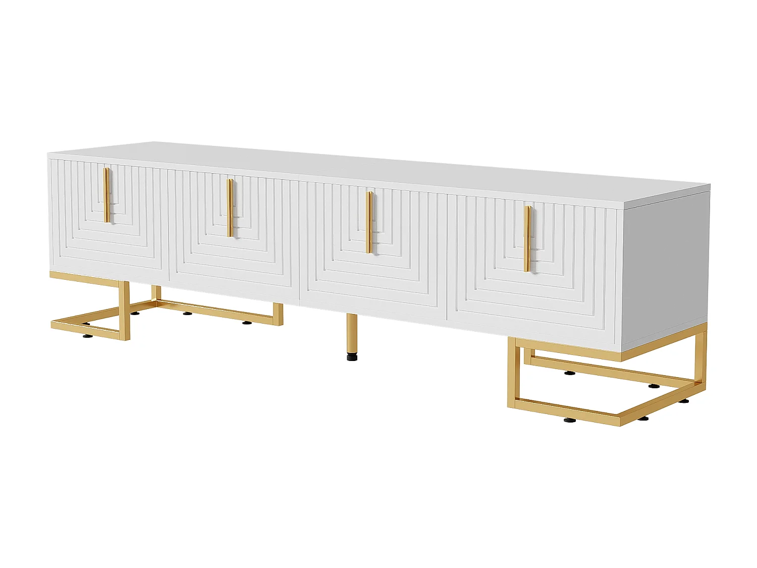 Meuble TV avec 4 portes, pieds dorés - Porte texturée - Blanc