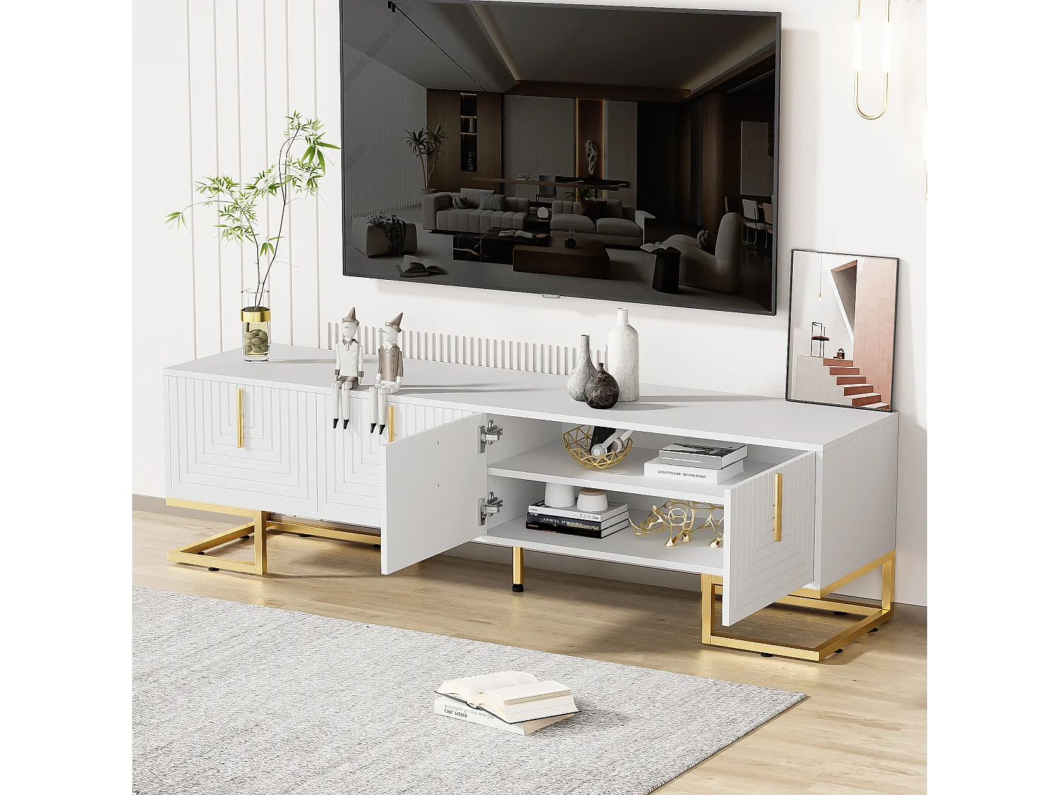 Meuble TV avec 4 portes, pieds dorés - Porte texturée - Blanc