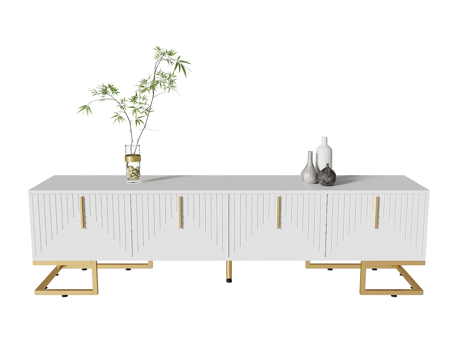 Meuble TV avec 4 portes, pieds dorés - Porte texturée - Blanc