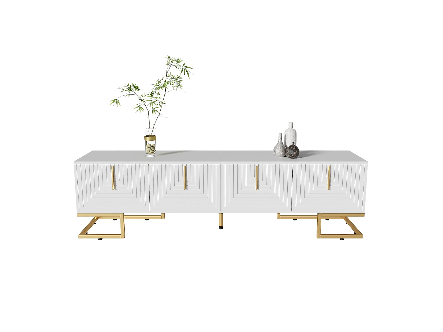 Mueble de TV de 4 puertas, patas doradas - Puerta texturizada - Blanco