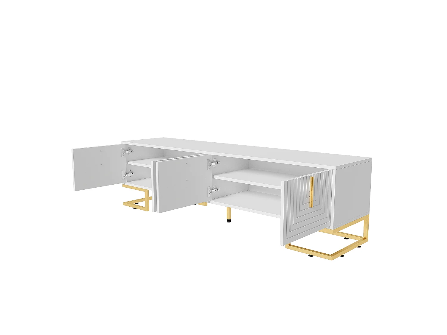 Mueble de TV de 4 puertas, patas doradas - Puerta texturizada - Blanco