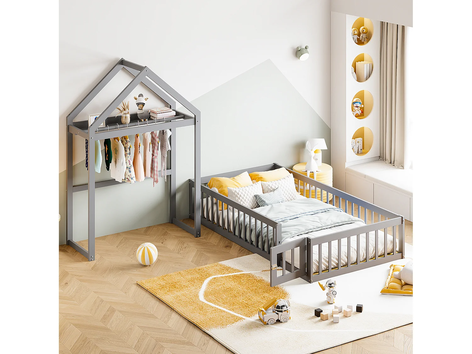 Lit enfant 90x200cm avec rangement et barrières de sécurité, sommier à lattes, gris