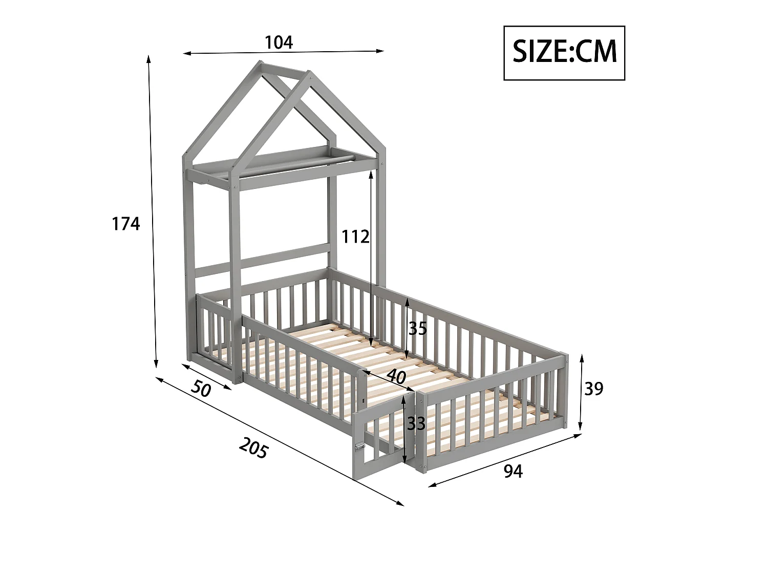 Lit enfant 90x200cm avec rangement et barrières de sécurité, sommier à lattes, gris
