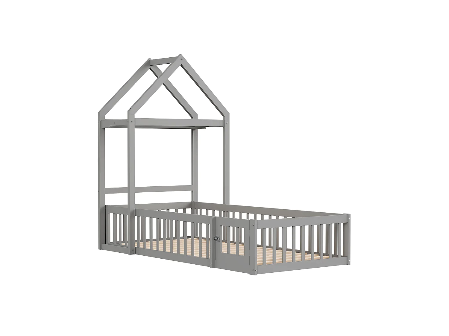 Lit enfant 90x200cm avec rangement et barrières de sécurité, sommier à lattes, gris