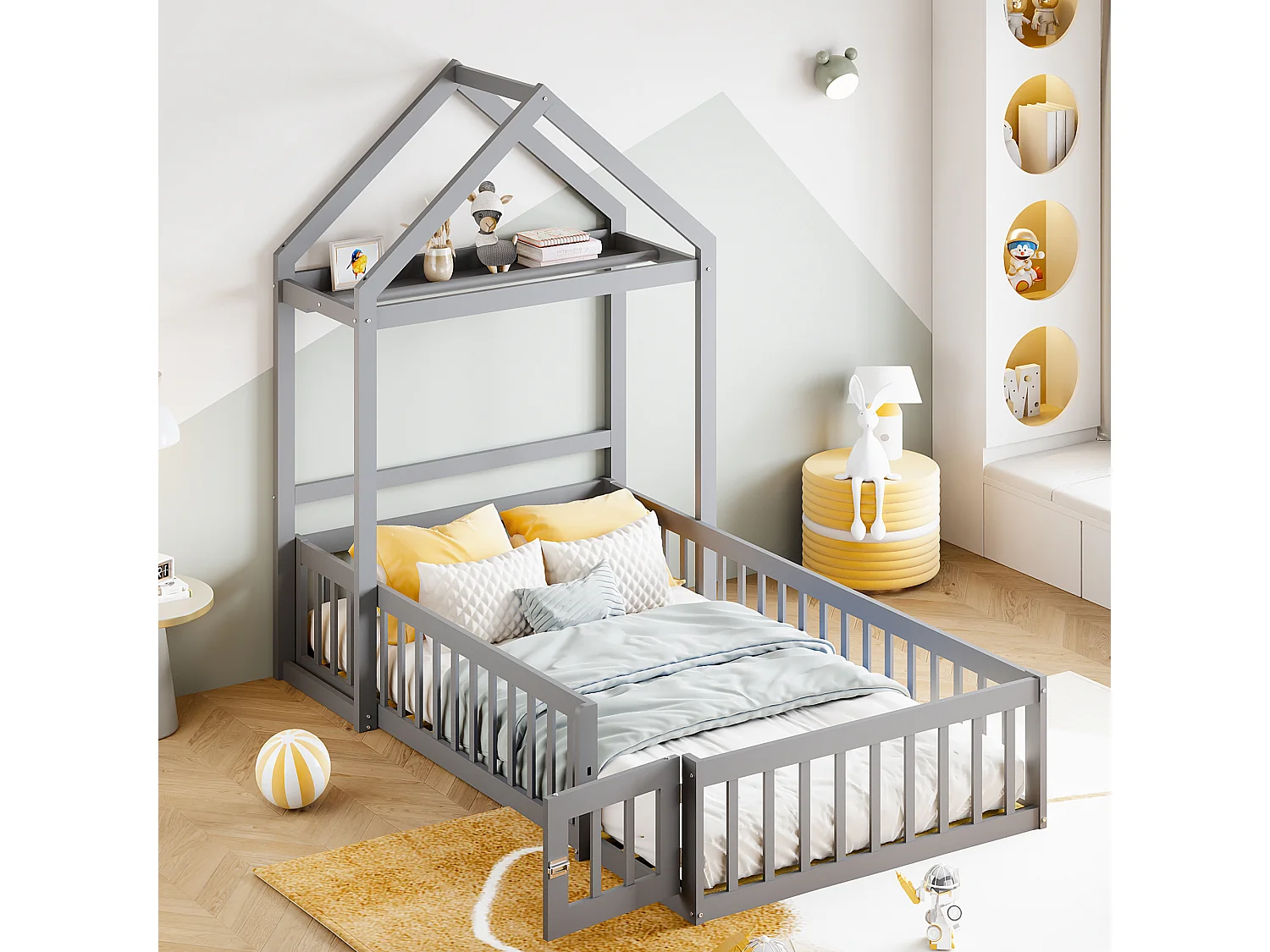 Lit enfant 90x200cm avec rangement et barrières de sécurité, sommier à lattes, gris