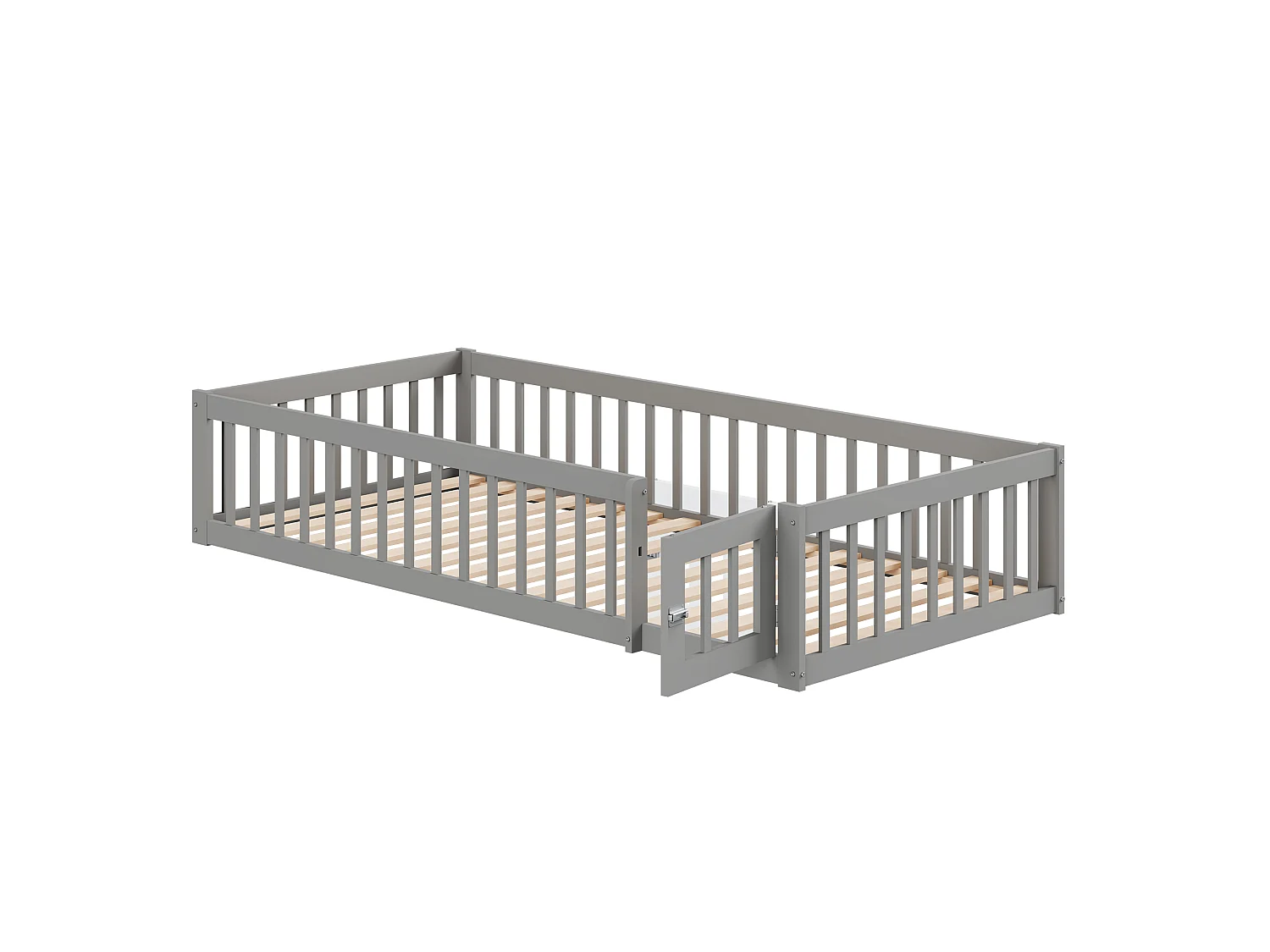 Lit enfant 90x200cm avec rangement et barrières de sécurité, sommier à lattes, gris