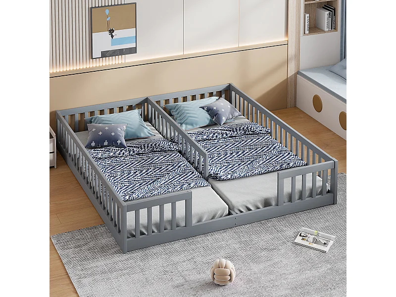 Kinderbed 90x200cm met 2 bedden en uitvalbeveiliging, zonder lattenbodem, grenen, grijs