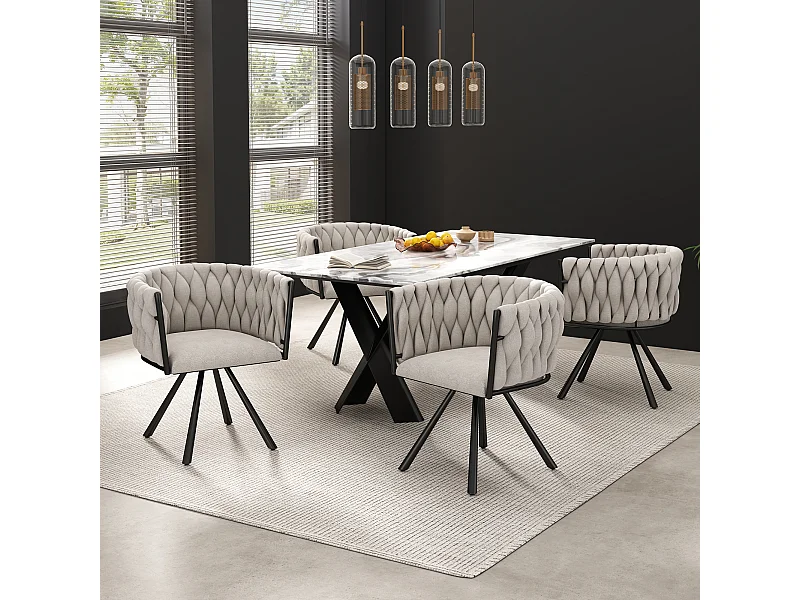 Lot de 4 chaises pivotantes , pieds métal noir - Tissu lin beige