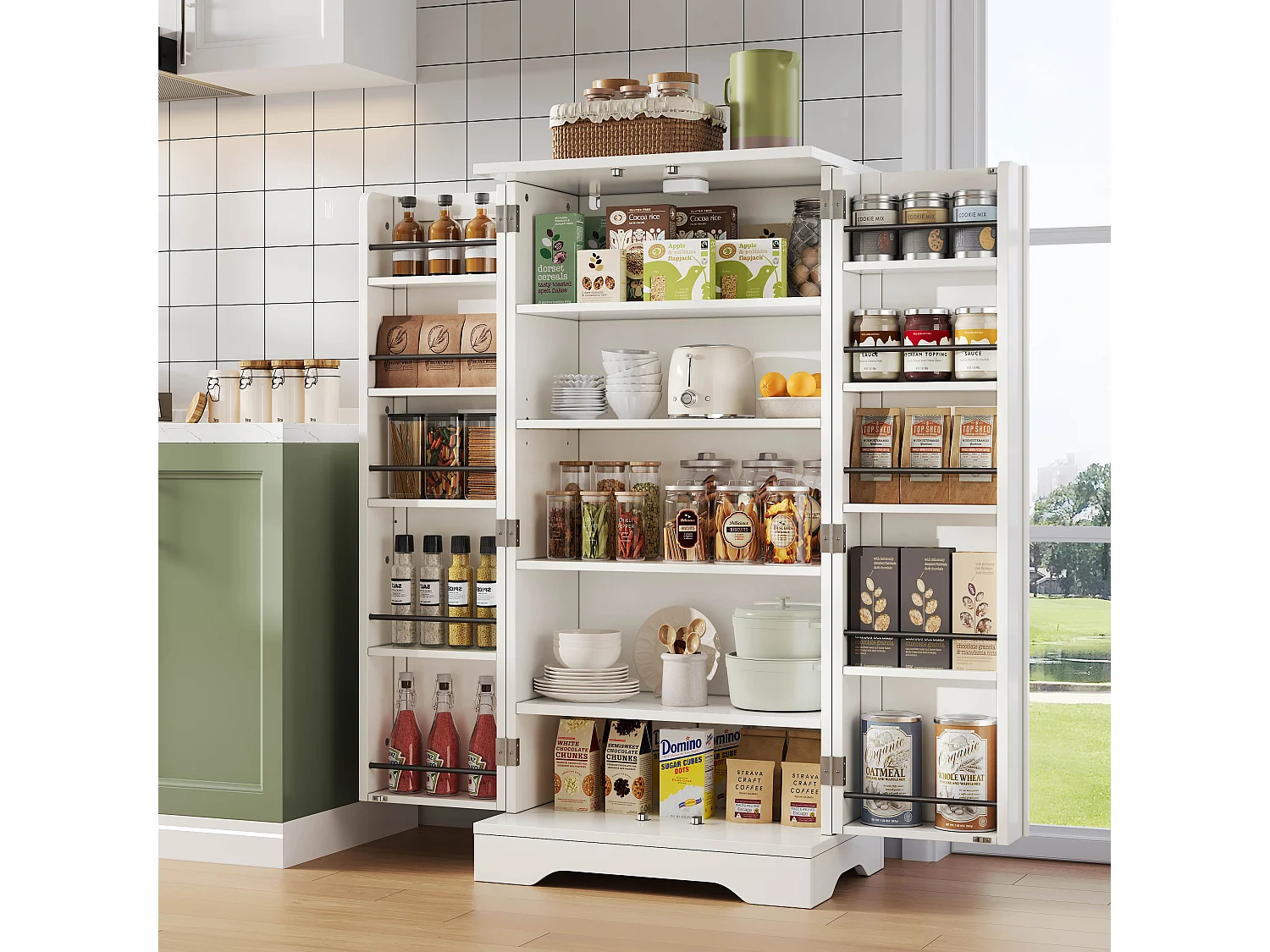 Aparador de cocina con 2 puertas y sensor LED - estantes ajustables - Blanco