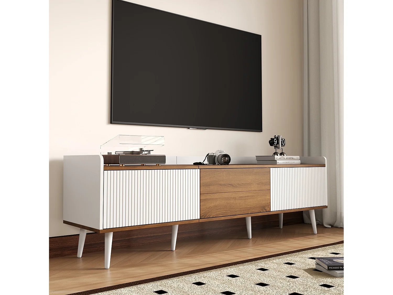 Meuble TV avec 3 portes, finition rayé, blanc+naturel