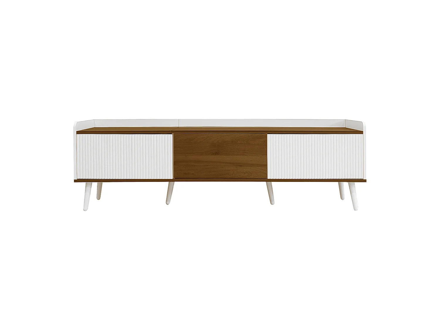 Meuble TV avec 3 portes, finition rayé, blanc+naturel