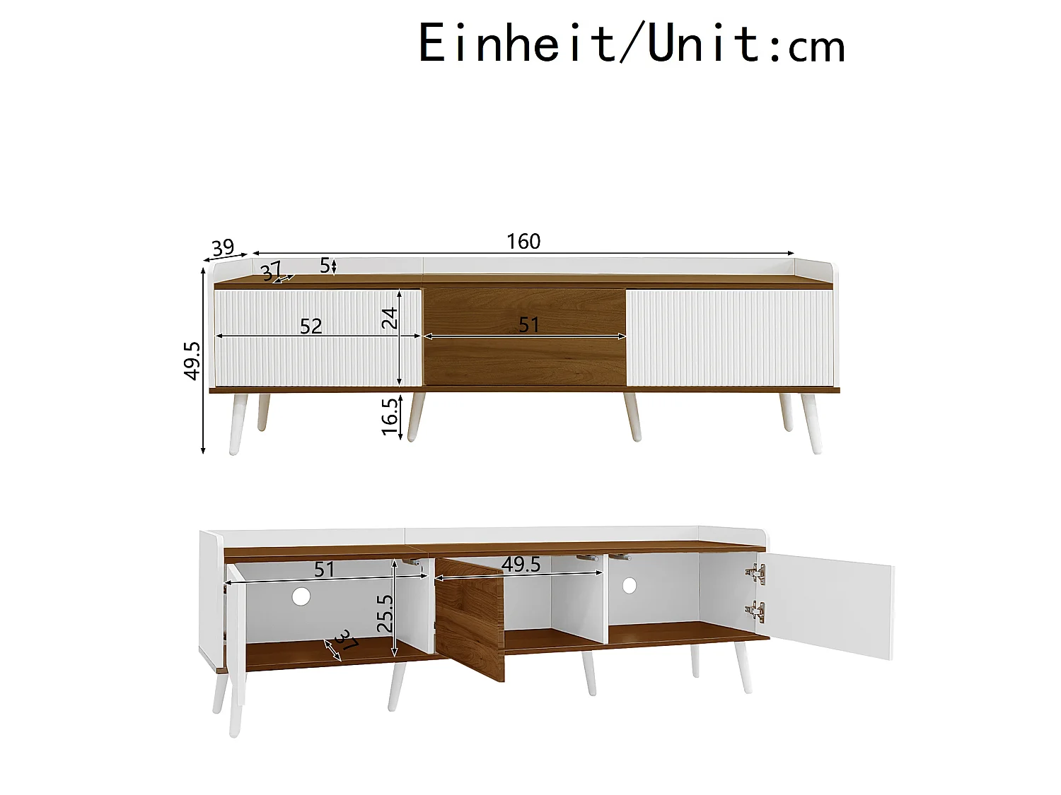 Meuble TV avec 3 portes, finition rayé, blanc+naturel
