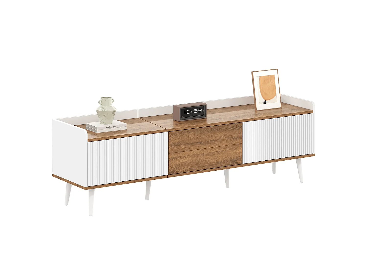 Meuble TV avec 3 portes, finition rayé, blanc+naturel