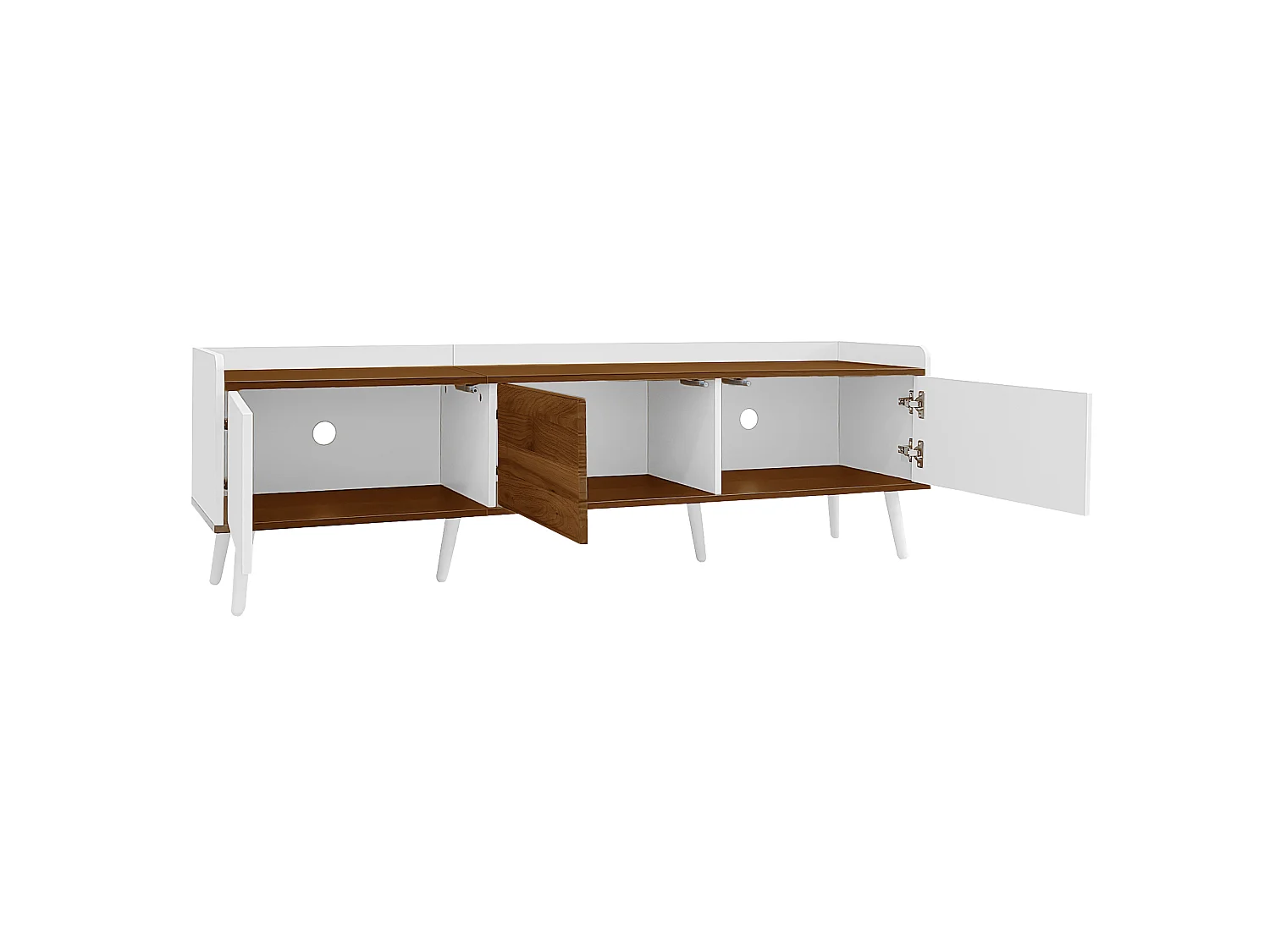Meuble TV avec 3 portes, finition rayé, blanc+naturel