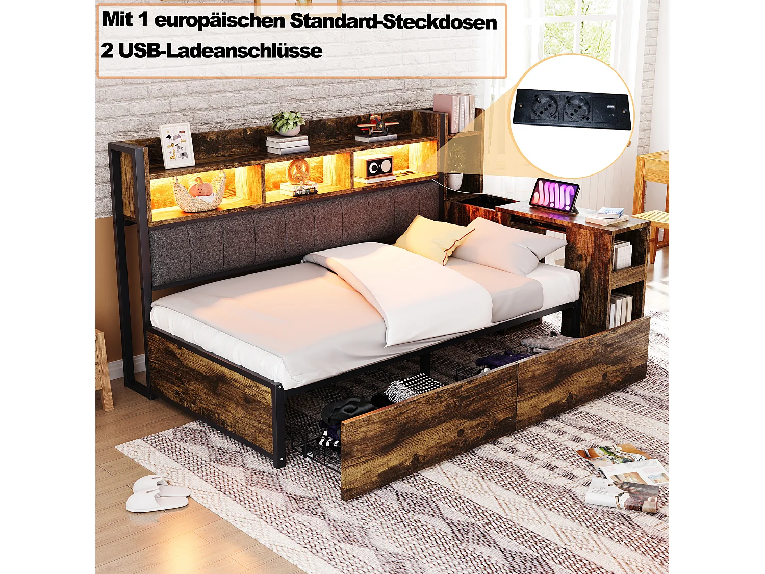 Lit banquette 90x200cm avec 2 tiroirs, prises et éclairage LED, bureau coulissant, couleur bois