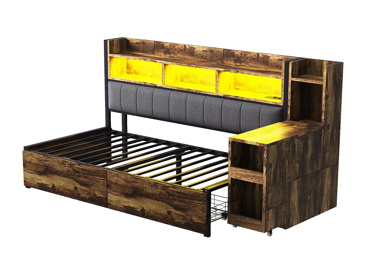 Lit banquette 90x200cm avec 2 tiroirs, prises et éclairage LED, bureau coulissant, couleur bois