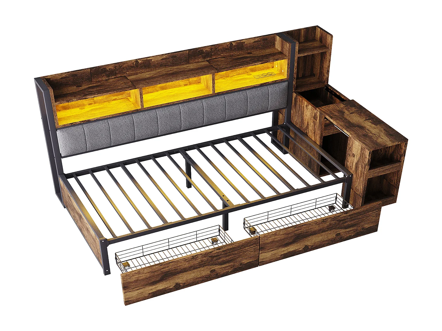 Lit banquette 90x200cm avec 2 tiroirs, prises et éclairage LED, bureau coulissant, couleur bois