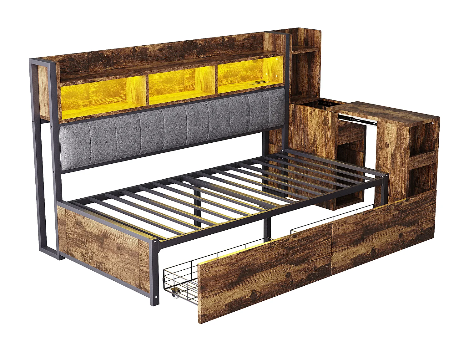 Lit banquette 90x200cm avec 2 tiroirs, prises et éclairage LED, bureau coulissant, couleur bois