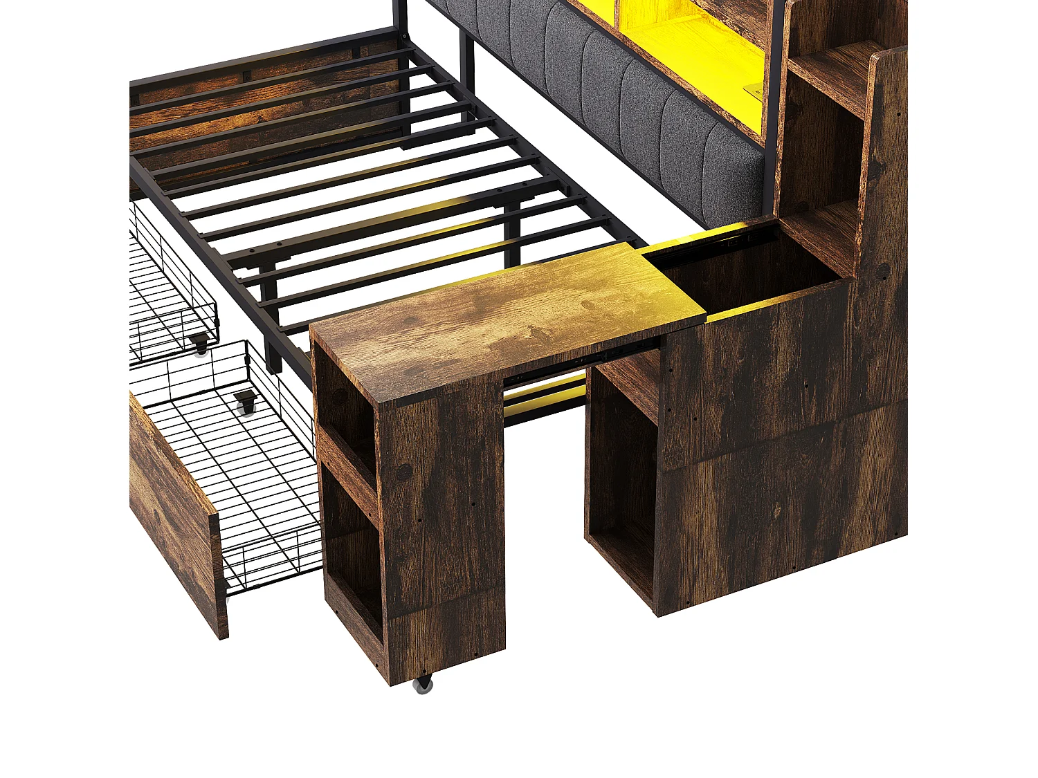 Lit banquette 90x200cm avec 2 tiroirs, prises et éclairage LED, bureau coulissant, couleur bois