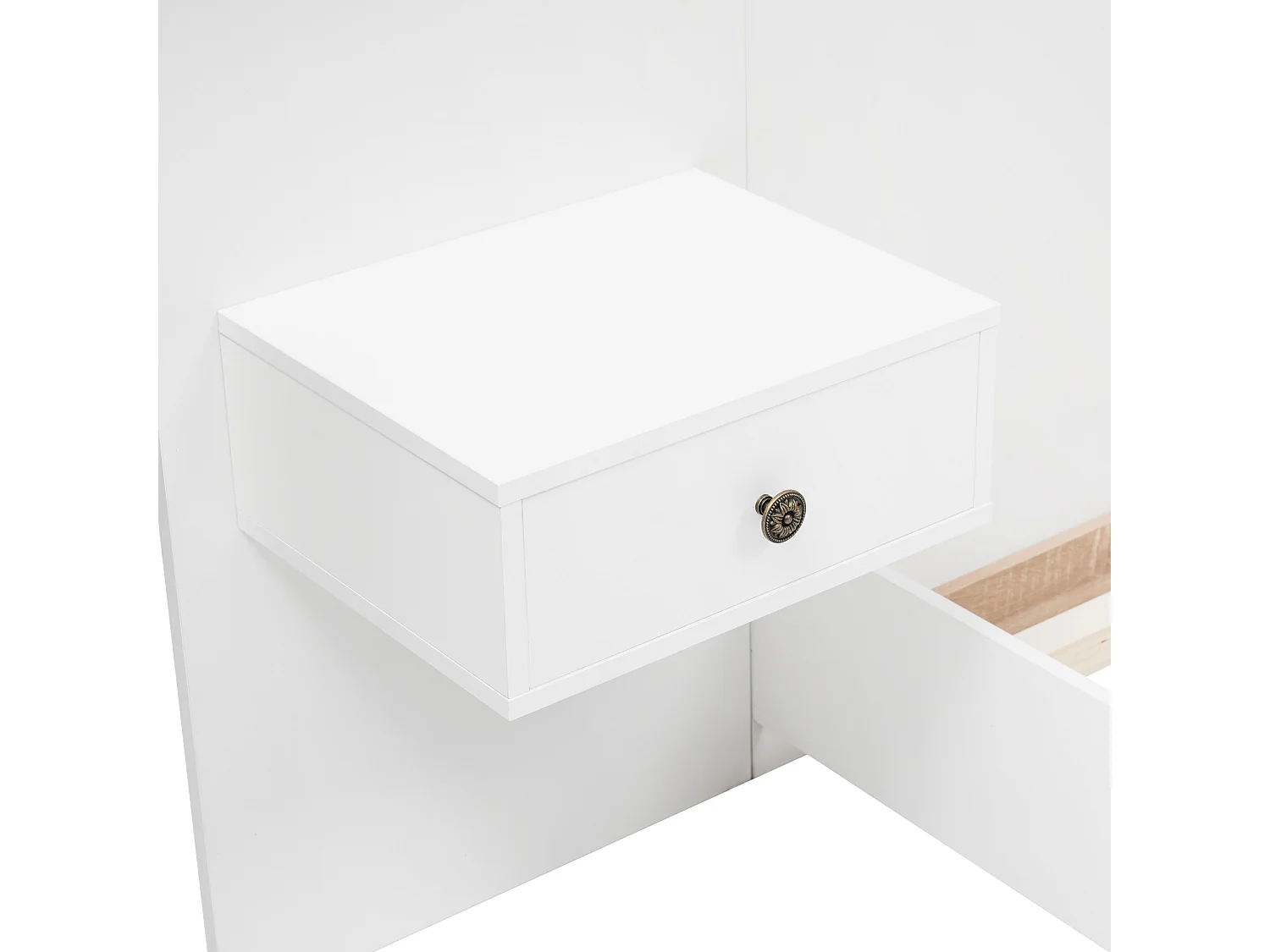 Lit double adulte 180x200cm avec 2 tables de chevet, LED et USB-C - Blanc et bois