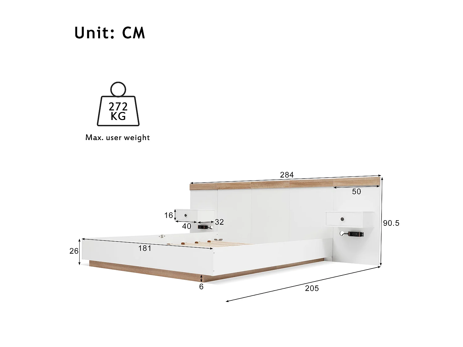 Letto matrimoniale per adulti 180x200cm con 2 comodini, LED e USB-C - Bianco e legno