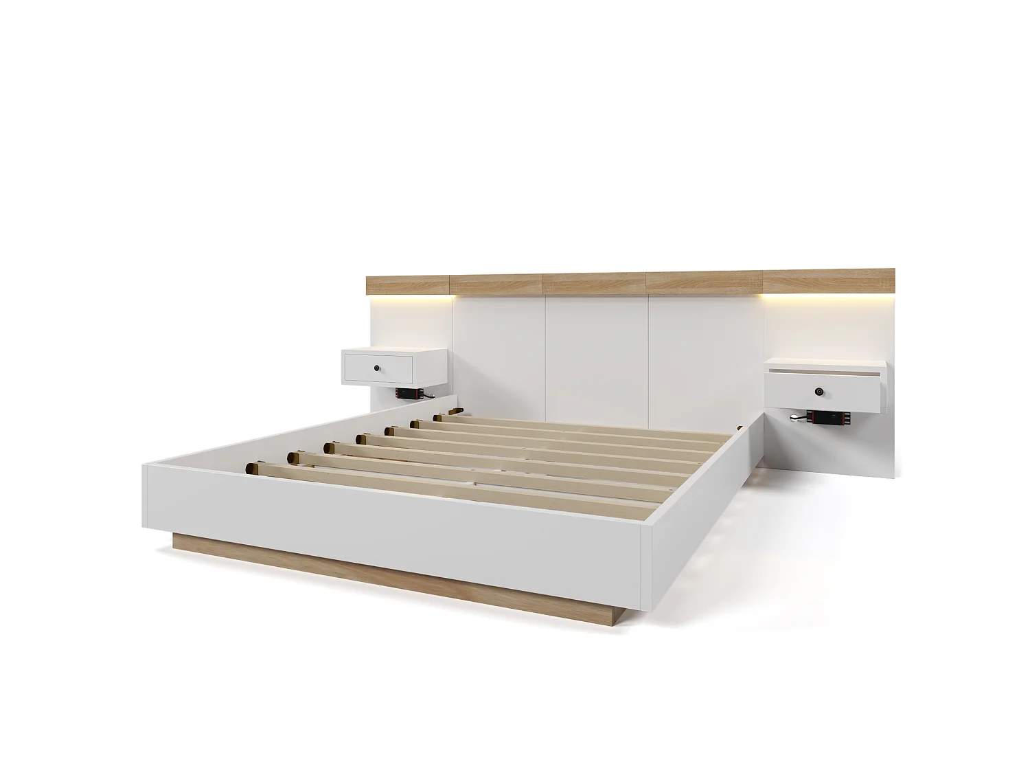 Letto matrimoniale per adulti 180x200cm con 2 comodini, LED e USB-C - Bianco e legno