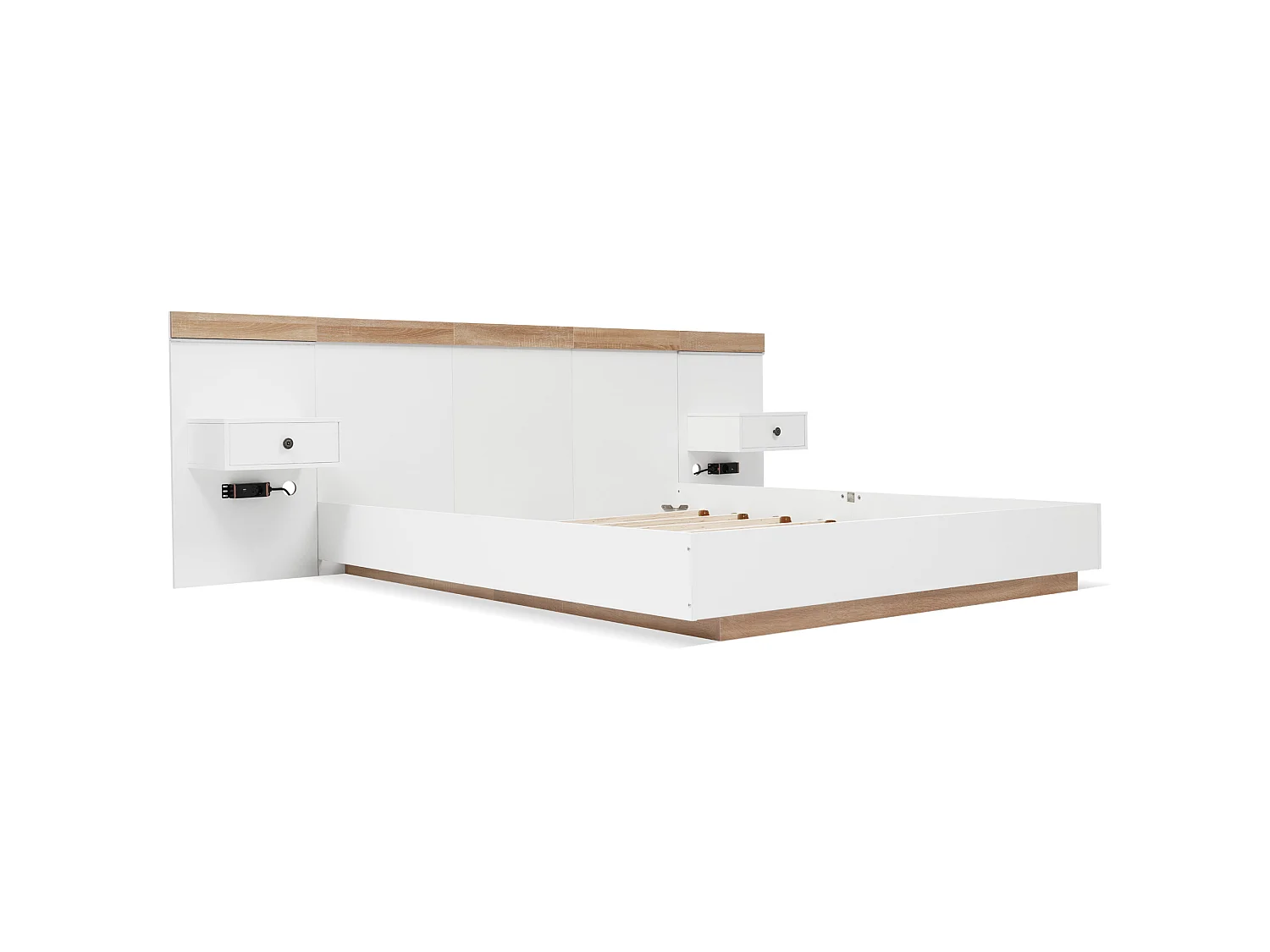 Letto matrimoniale per adulti 180x200cm con 2 comodini, LED e USB-C - Bianco e legno