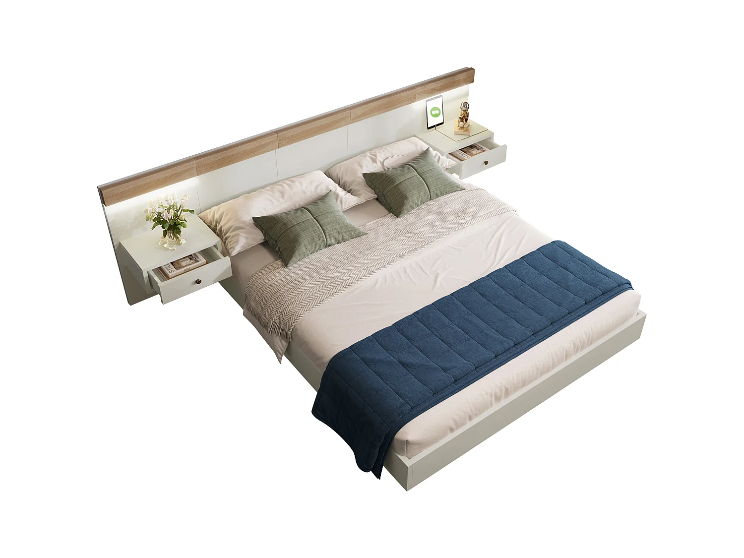 Letto matrimoniale per adulti 180x200cm con 2 comodini, LED e USB-C - Bianco e legno