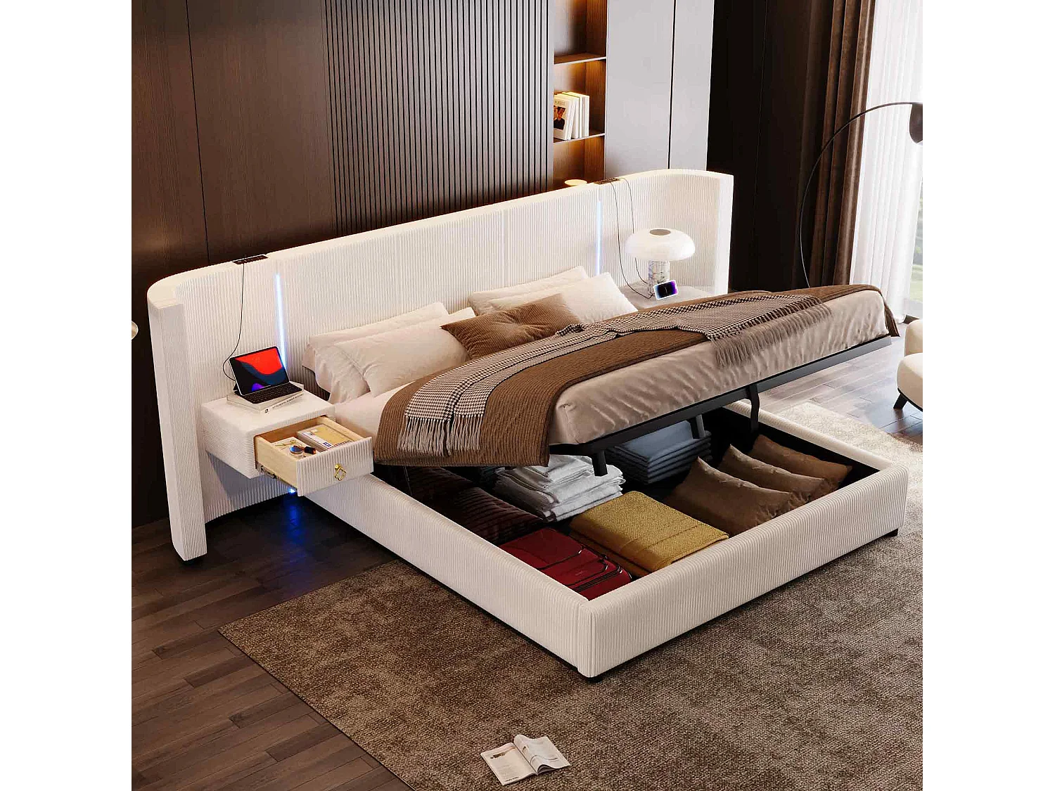 Letto contenitore matrimoniale 180x200cm con illuminazione LED, 2 cassetti, porta USB + Type-C - Tessuto velluto - Beige