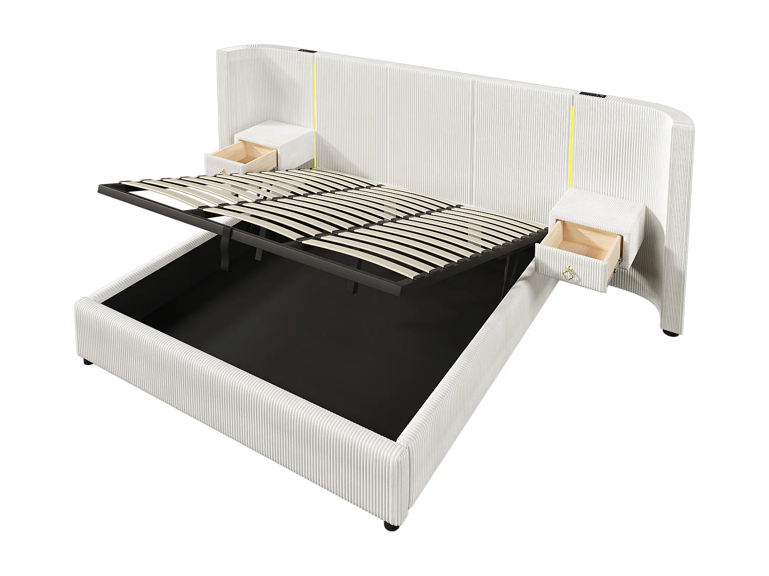 Letto contenitore matrimoniale 180x200cm con illuminazione LED, 2 cassetti, porta USB + Type-C - Tessuto velluto - Beige