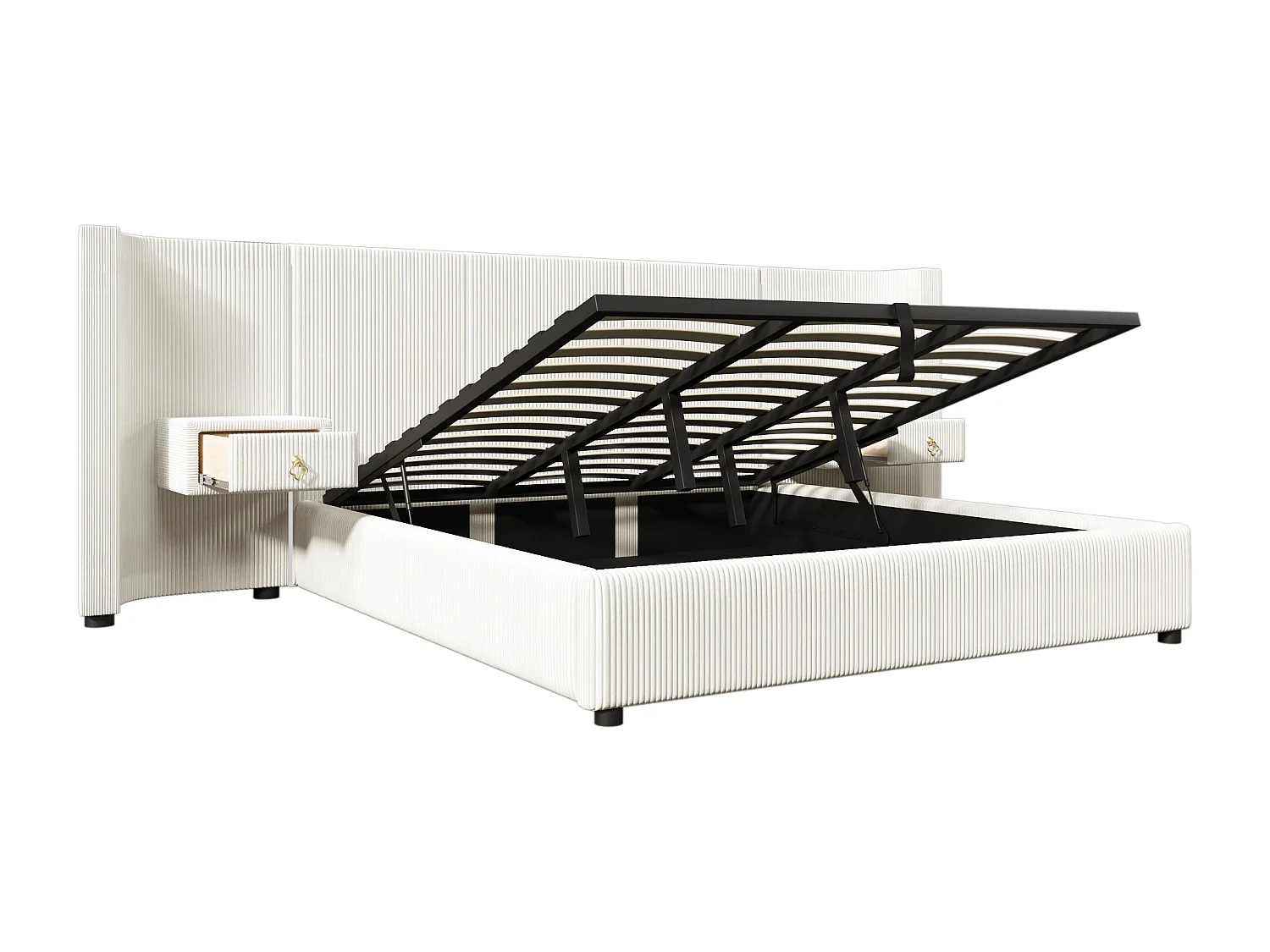 Letto contenitore matrimoniale 180x200cm con illuminazione LED, 2 cassetti, porta USB + Type-C - Tessuto velluto - Beige