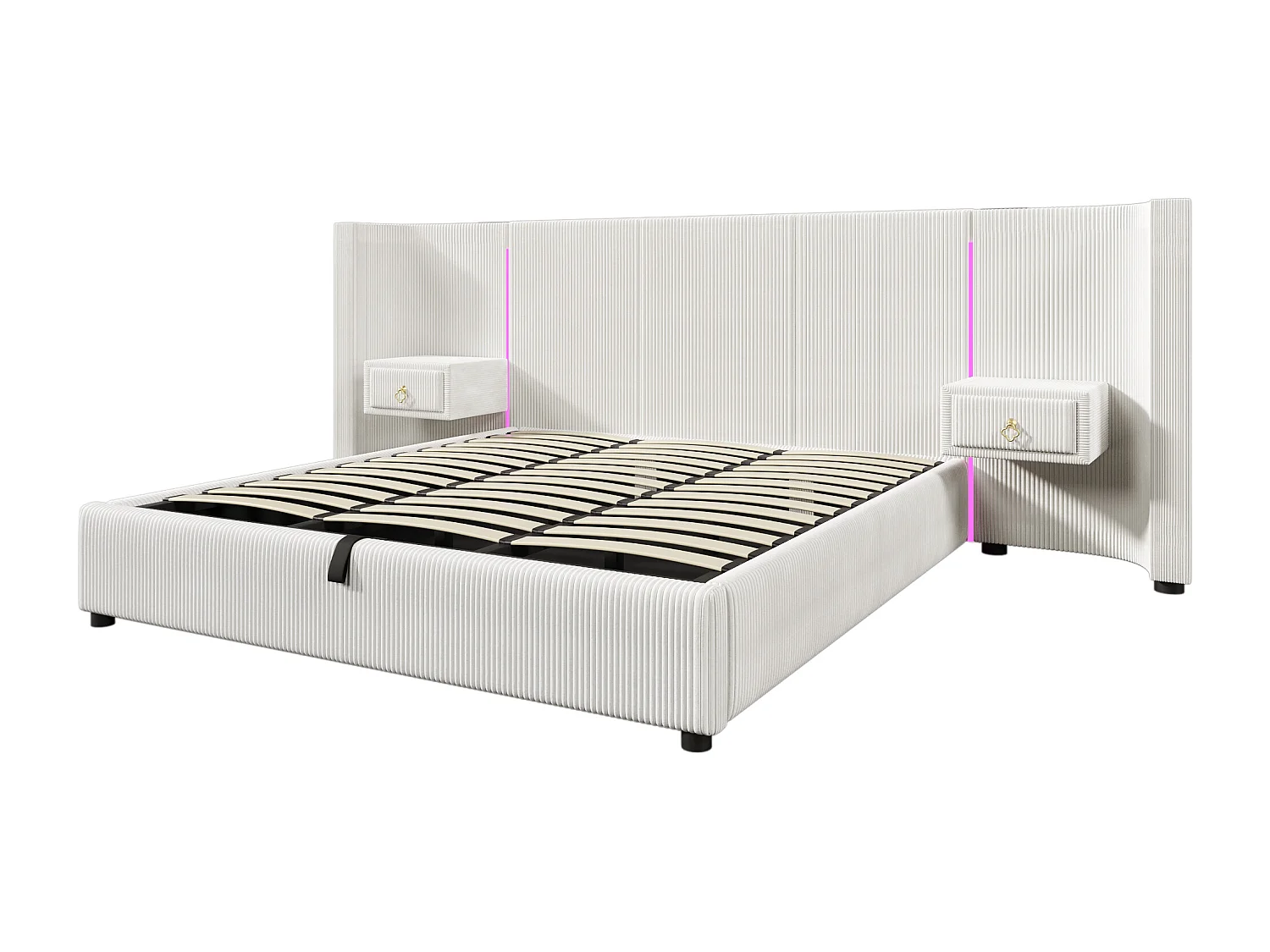 Letto contenitore matrimoniale 180x200cm con illuminazione LED, 2 cassetti, porta USB + Type-C - Tessuto velluto - Beige