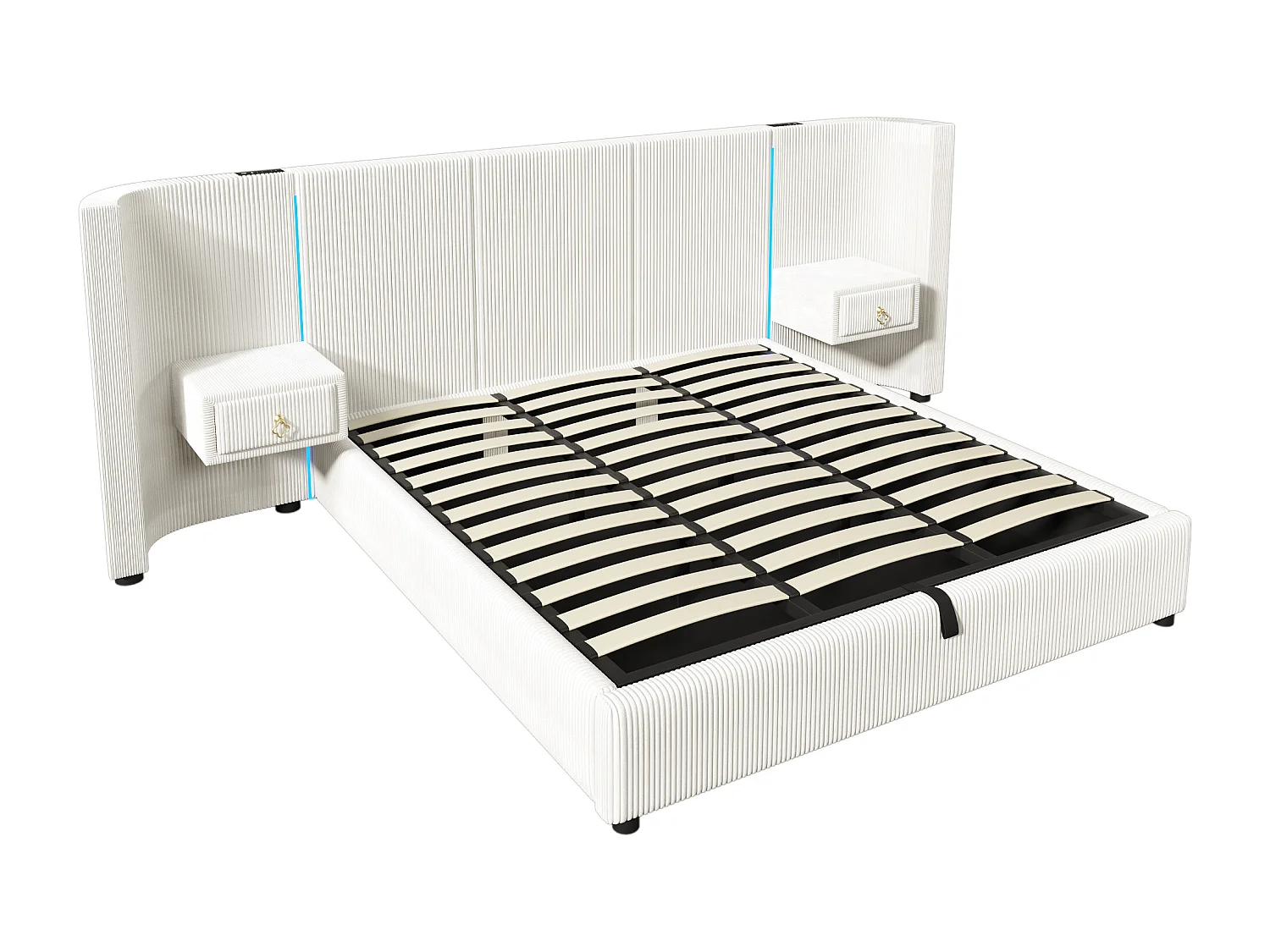 Lit coffre double 180x200cm avec LED, 2 tiroirs, USB + Type-C - Tissu velours - Beige