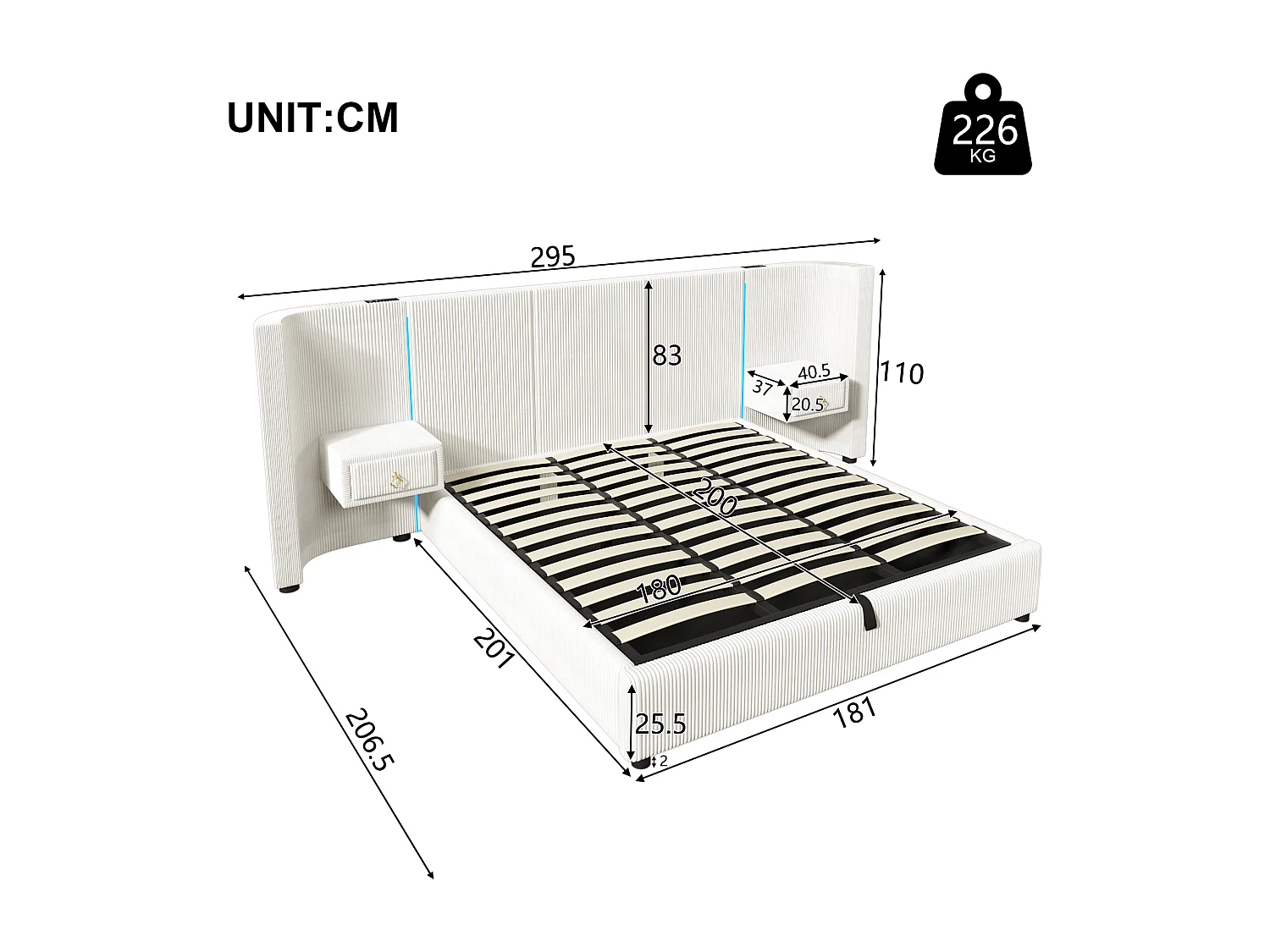 Lit coffre double 180x200cm avec LED, 2 tiroirs, USB + Type-C - Tissu velours - Beige