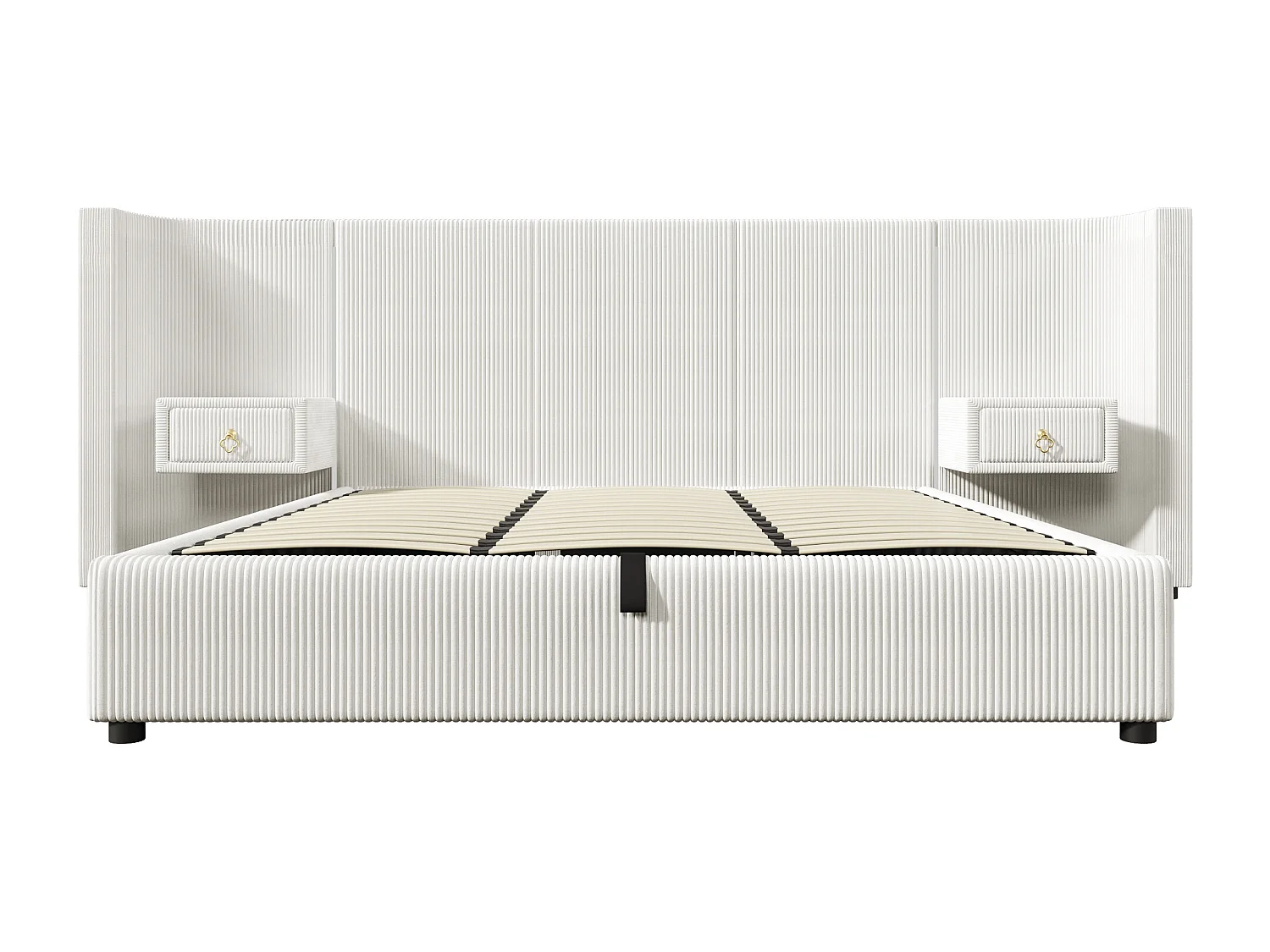 Lit coffre double 180x200cm avec LED, 2 tiroirs, USB + Type-C - Tissu velours - Beige