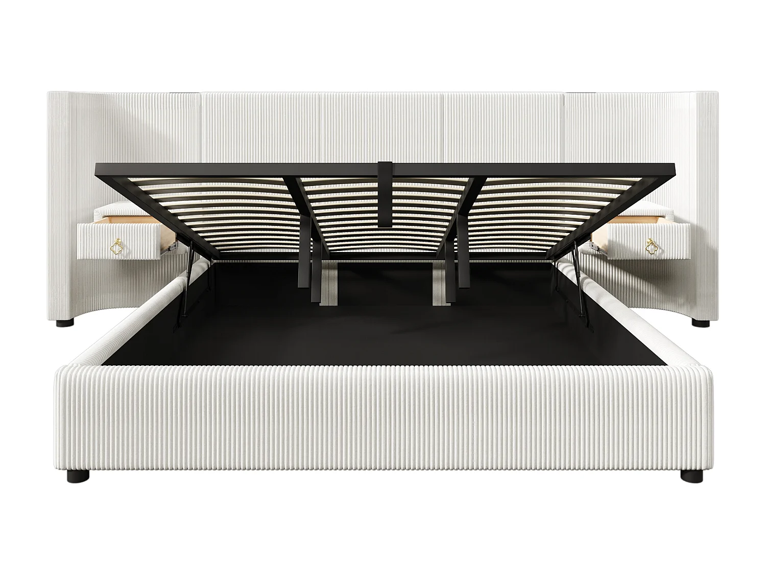 Lit coffre double 180x200cm avec LED, 2 tiroirs, USB + Type-C - Tissu velours - Beige