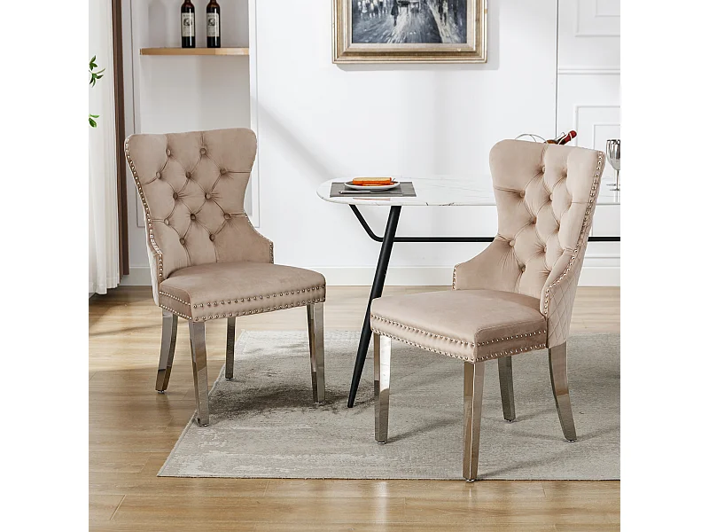 Set van 2 stoelen met klinknagels, metalen poten - Beige fluweel