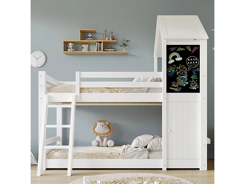 Lit superposé enfant 90x200 cm avec porte et tableau noir - Lit cabane avec fenêtre- Bois blanc